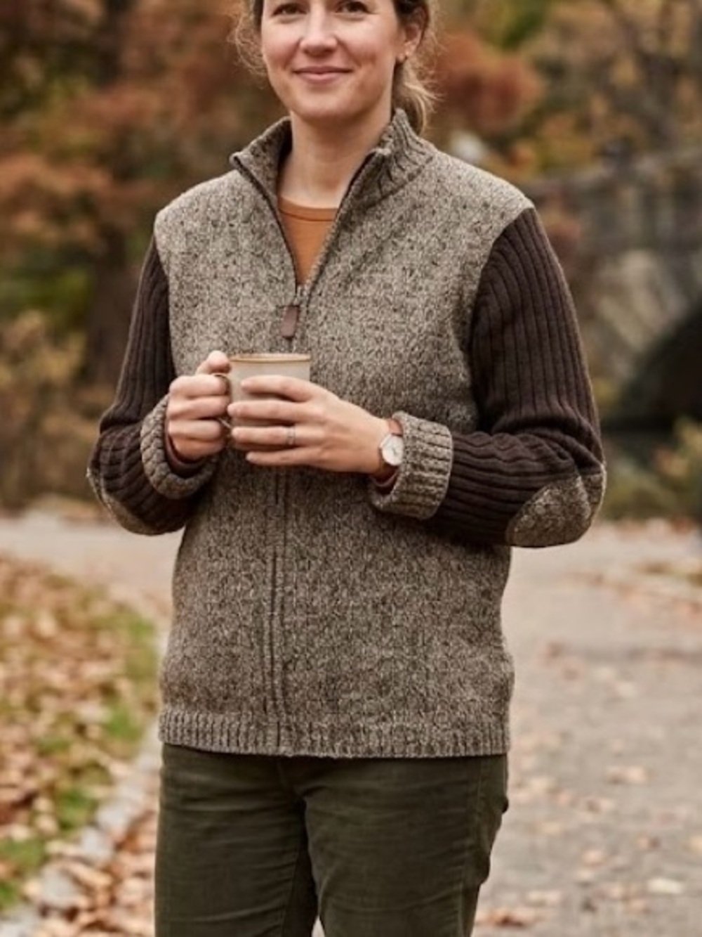 Jeanne Pierre 100% Cotton Full-Zip Marled Sweater Elbow Patches Grandpacore